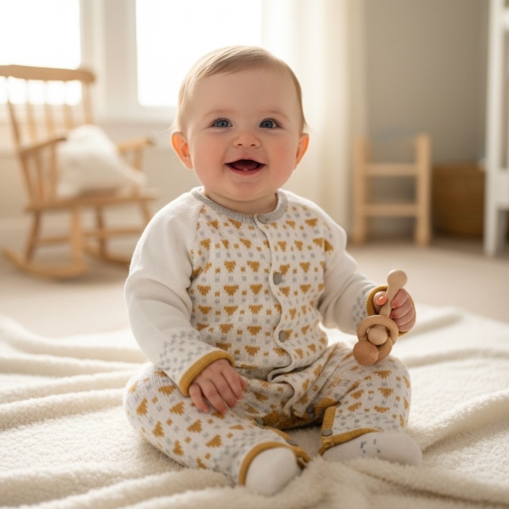 Malina Knit Cotton White & Yellow Print Baby Onesie 6-12 Months
